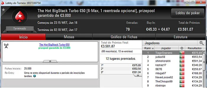 TiagoSoprano Vence The Hot BigStack Turbo €50 e  zenikem o The Big €100 101