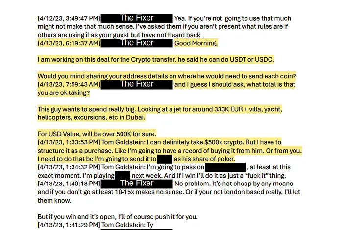 An April 2023 message exchange between Tom Goldstein and the "Fixer"