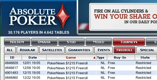 ,215 PokerNews Cash Freerolls na Absolute Poker 101