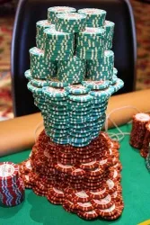 Carlos Mortensen's chip stack masterpiece -- before it was dismantled to move to the final table