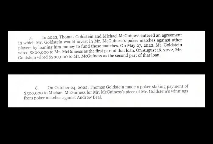 A staking arrangement between Tom Goldstein and Michael McGuiness