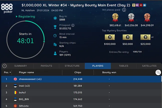 Day 2 of Event #34: $888 Mystery Bounty Main Event at the 2024 888Poker XL Winter Series Kicks Off