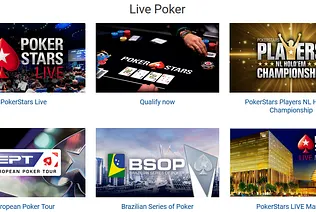 PokerStars Live Poker page shows PokerStars Players NL Hold'em Championship, European Poker Tour, Brazilian Series of Poker, PokerStars Live Manila.