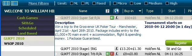 William Hill : Super-Satellite Grosvenor UK Poker Tour Manchester 101