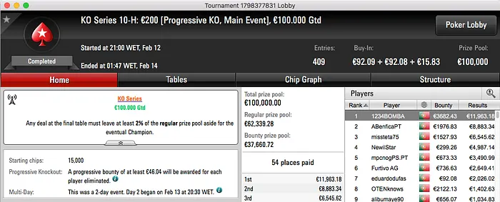 1234BOMBA  Vence Main Event High Knockout Series (€19,128) & Mais 101