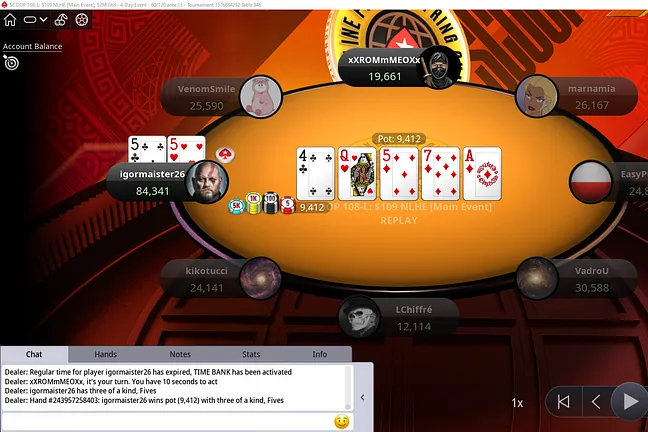 A set of fives pushes "igormaister26" over 80,000 chips