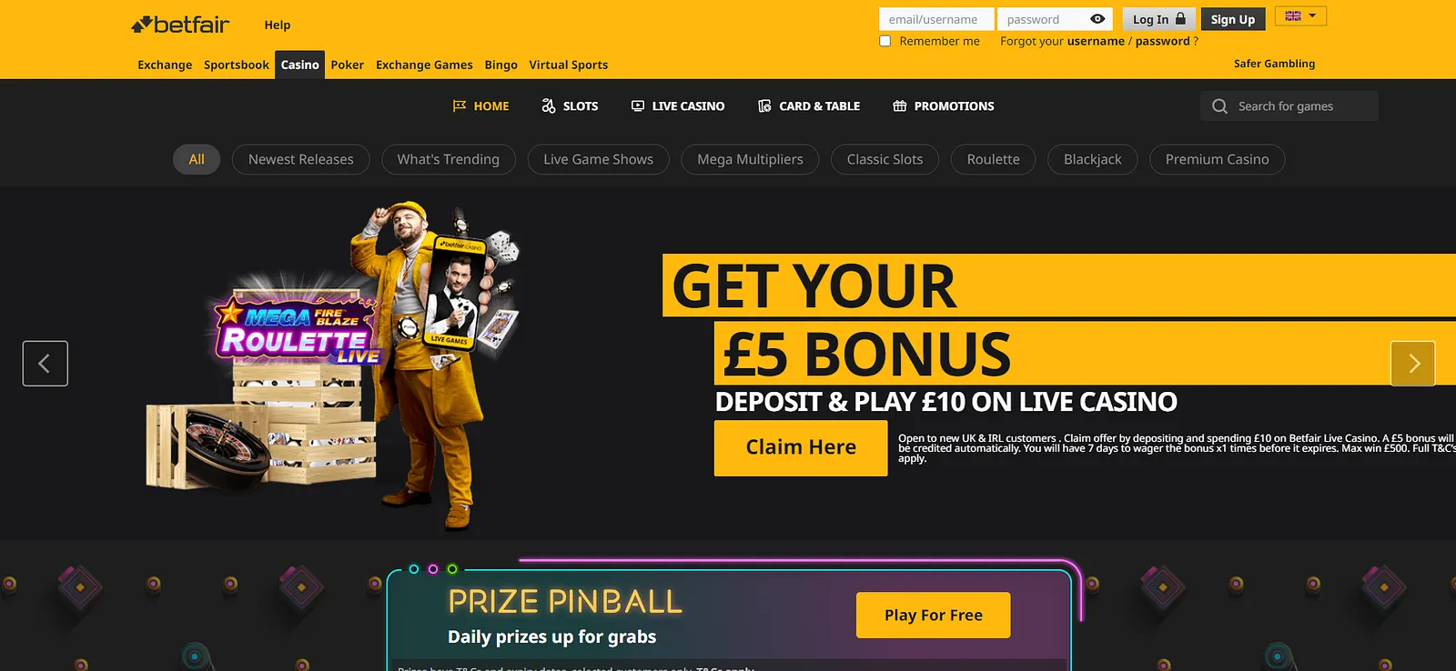 Pantalla Betfair slots