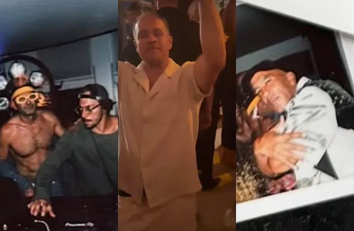 Antonio Esfandiari Andrew Robl, & Bill Perkins at Kevin Hart's July 2024 birthday party in Greece.