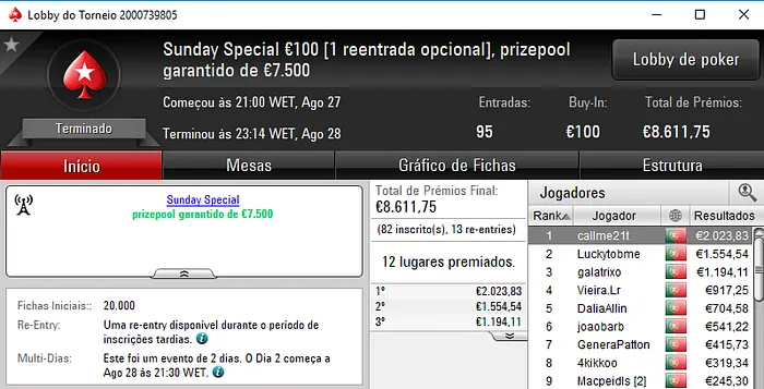 Callme21t Vence Sunday Special €100 e PavoN_PT o Sunday Storm €10 101