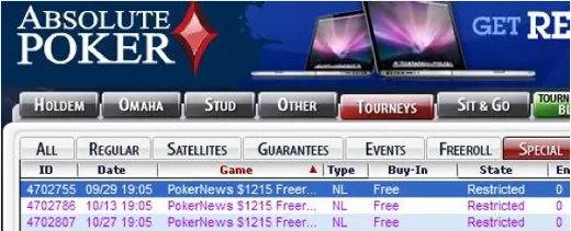 ,215 PokerNews Cash Freerolls na Absolute Poker 101