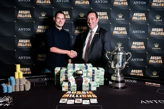 Aussie Millions Tournament Director Joel Williams with 2018 Main Event Champion Toby Lewis