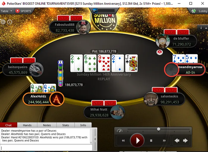 "meandmyarrow" bluffs in the Sunday Million