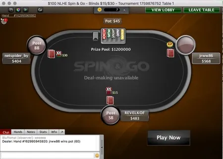 PokerStars $100 Spin & Go tournament