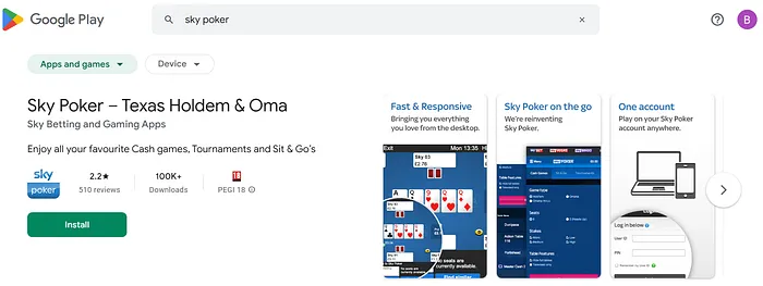 Sky Poker Play Store Android app