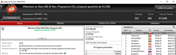 Torneios Regulares: slimhouse78 Vence Afternoon on Stars €50 & Mais 101