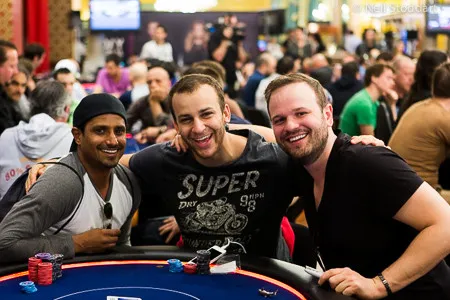 Sorel Mizzi (centre) with Shyam Srinivasan (left) and Griffin Benger (right). Photo courtesy of the PokerStars Blog.