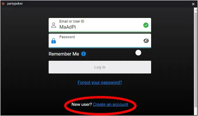 PartyPoker account creation