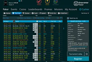 The lobby displays the Grosvenor Poker tournaments. 