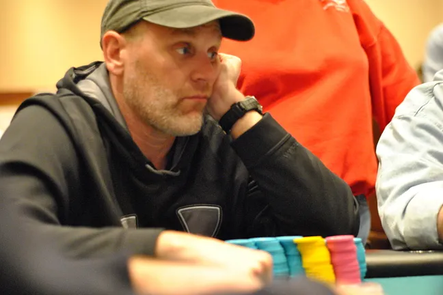 Mike Lang, pictured booking a chip lead at the end of Day 1b of MSPT Meskwaki.