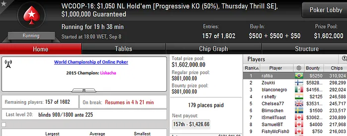 WCOOP 2016: Rafael "GM_VALTER" Moraes 5º no Evento #14 (USK), Edison82 6º Evento #13... 104
