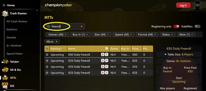 ChampionPoker lobby de freerolls