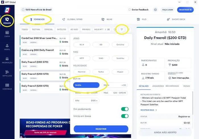 Como Encontrar os Freerolls do WPT Global?