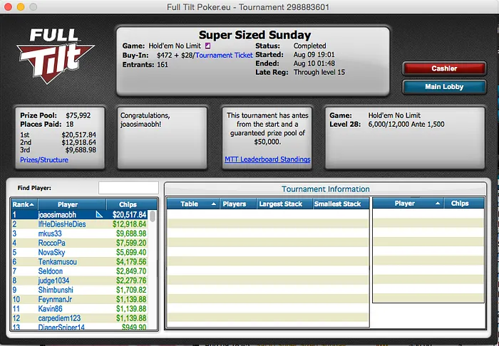 João Simão Crava no Full Tilt e no PS; Rafael Moraes Crava o Sunday 500 e Andersonpye7 Faz... 101