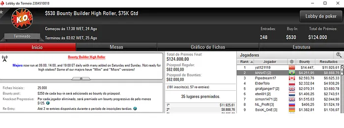 Forras Online: MANATI foi Vice no Bounty Builder High Roller & Mais 101