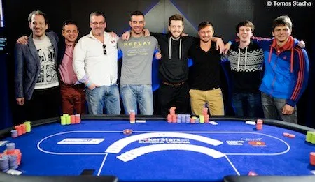 Eureka final table (l-r): Andreas Freund, Robert Malinowski, Markus Stöger, Stavros Kalfas, Bryan Paris, Erik Scheidt, Blazej Przygorzewski and Zoltan Gal. Photo courtesy of PokerStars Blog.