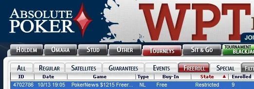 Hoje às 00:05 PokerNews 15 Freeroll na Absolute Poker 101