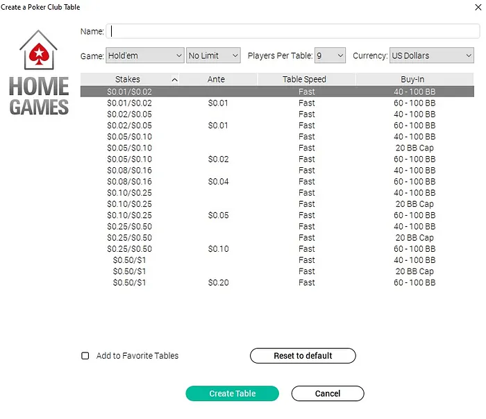 PokerStars Home Games Create a Cash Table