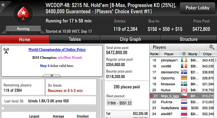 WCOOP '16: Naza114 9º no Evento #45;Mojo_9_Iggy e Jorginho88 no Dia 2 do #48 102