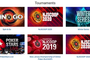 The PokerStars NJ Tournaments page shows Spin and Go, NJSCOOP, Winter Series tournaments available in NJ.