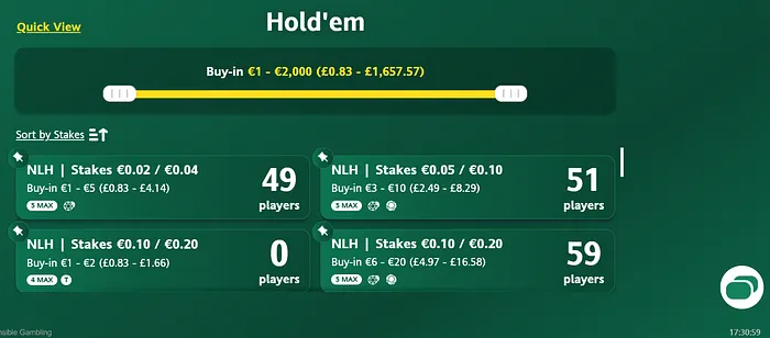 Bet365 Poker No-limit Hold'em cash games lobby