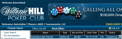 ,000 em Dinheiro e Tickets 0K GTD em Jogo na William Hill e CD Poker 101