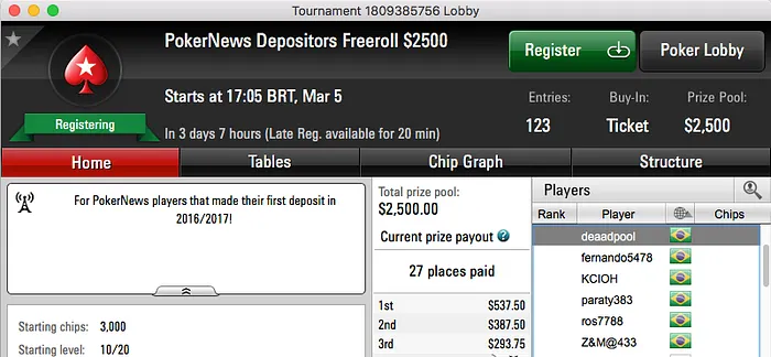 ,500 PokerNews Freeroll Dia 5 de Março no PokerStars 101