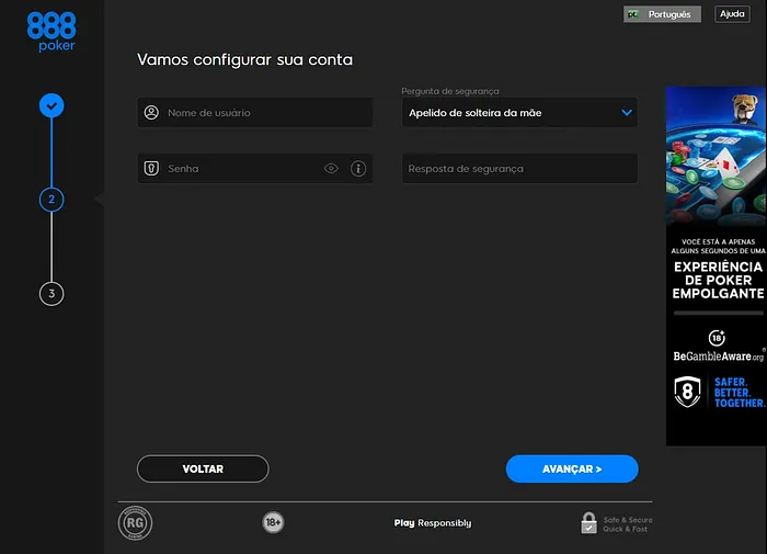 criar nome de usuário e senha 888poker