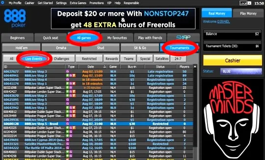 Vá ao MasterMinds Satelitando no 888poker 101