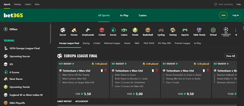 Screenshot of Bet365 Sports website
