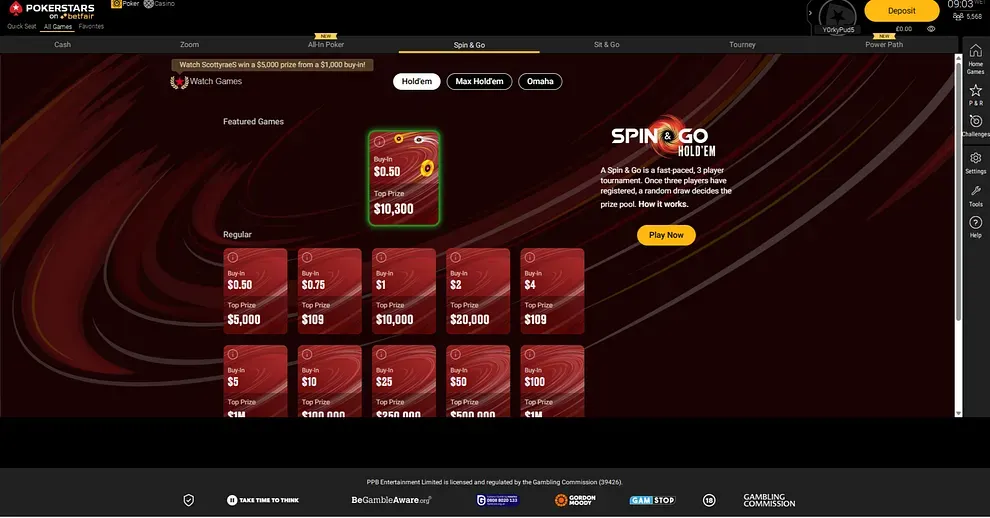 Spin and Go lobby - PokerStars on Betfair