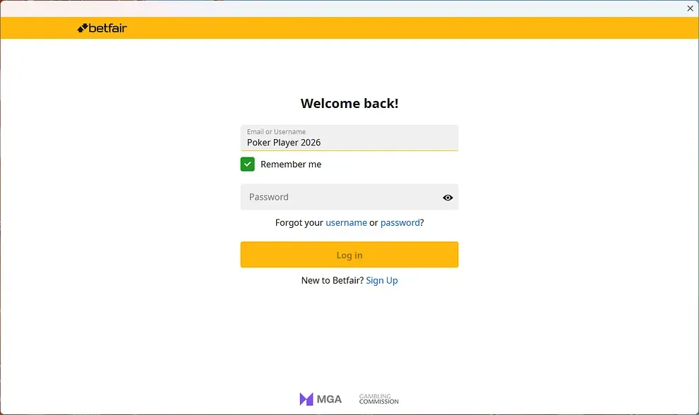 Signup/Login screen - PokerStars on Betfair