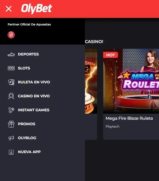 Menu de navegación de Olybet