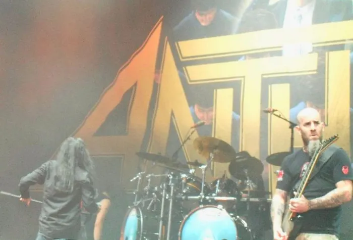 Anthrax singer Joey Belladonna and Scott Ian on stage in 2010