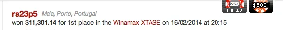 Rui "sousinhamos" Sousa Venceu XTASE na Winamax (€8,248) & Mais 101