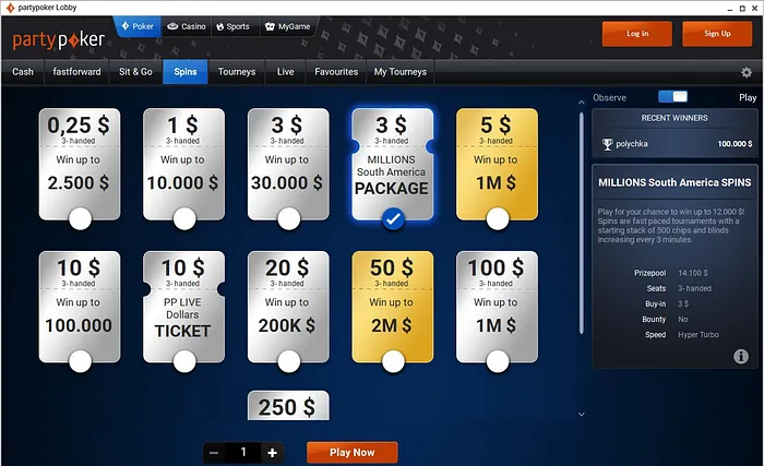 SPINS de $3 no partypoker