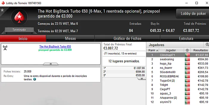 Vitória de Suduaya no The Big €100 e de C0nchapt71 no The Hot BigStack Turbo €50 102