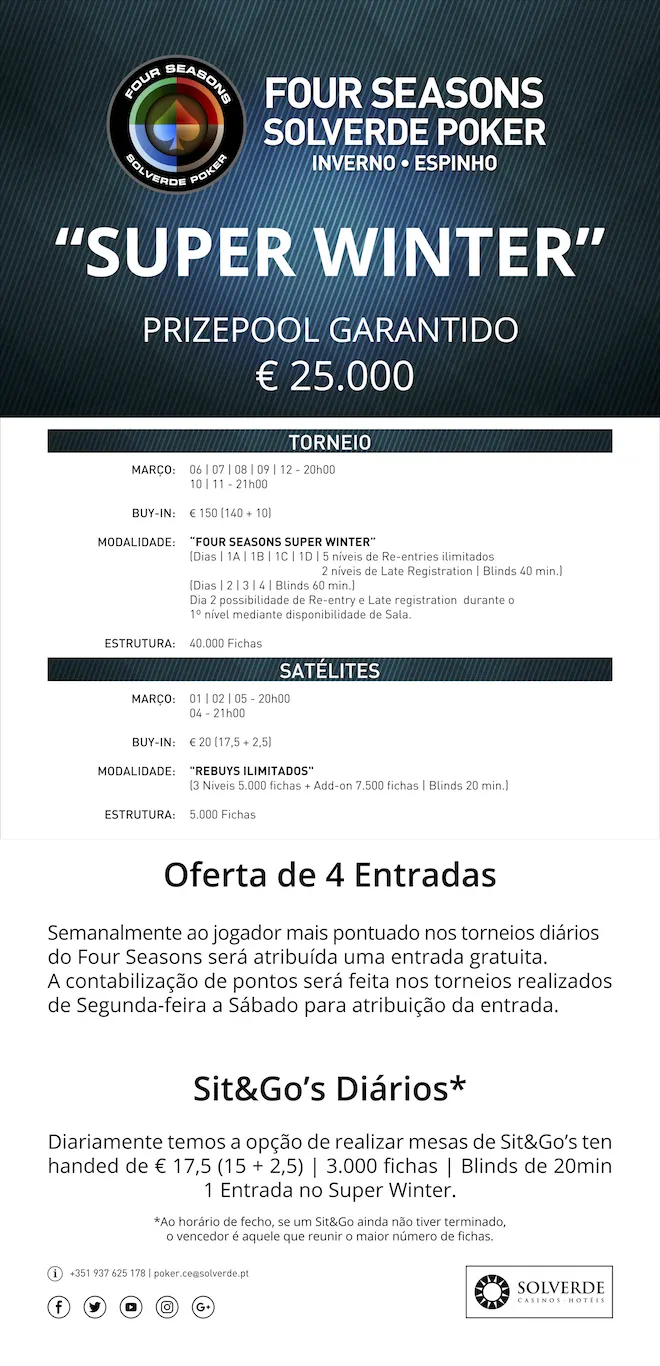 4 Entradas Grátis e Sit&Go's para o Super Winter 6 a 11 de Março Casino Espinho 101