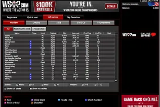 Poker tournaments and players appear in the Wsop.com poker lobby.