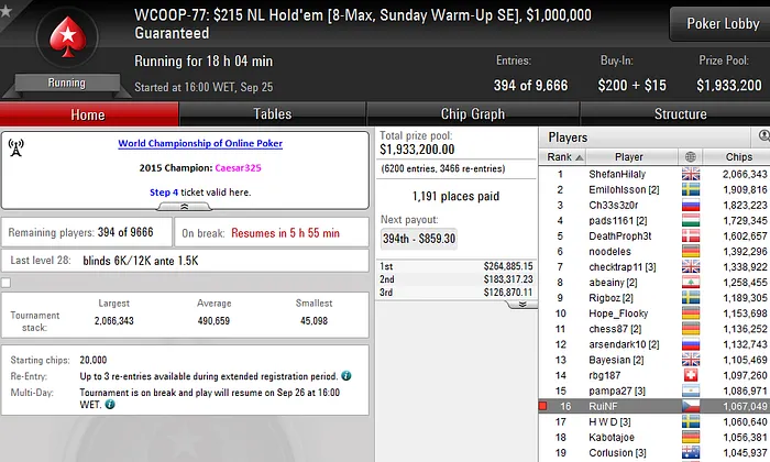 WCOOP 2016: 5 Lusos no Dia 2 do Main Event & Mais 102