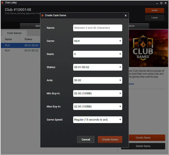 Club Games Create Cash Game